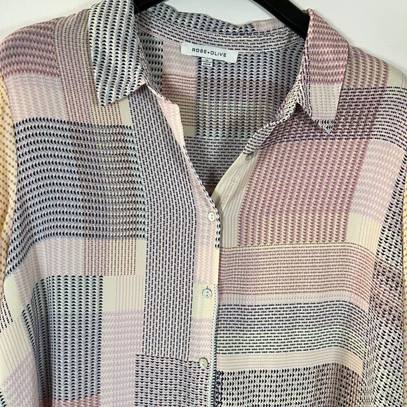 Rose & Olive Button Up Shirt 1X Geometric Pastel 3/4 Sleeve Work Semi Sheer‎ - Picture 1 of 10
